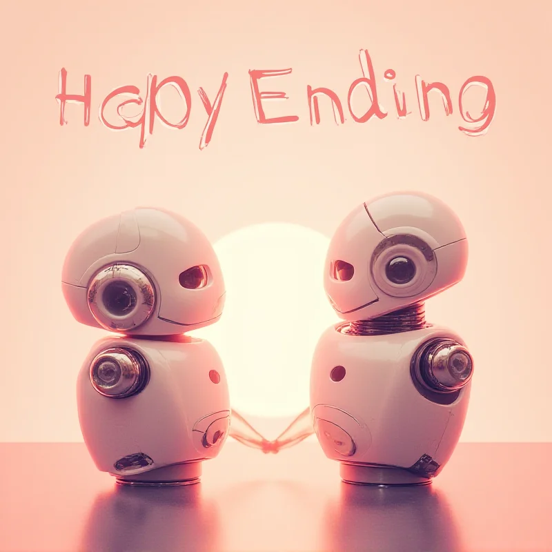 A poster for the musical 'Maybe Happy Ending' featuring two robots looking at each other.