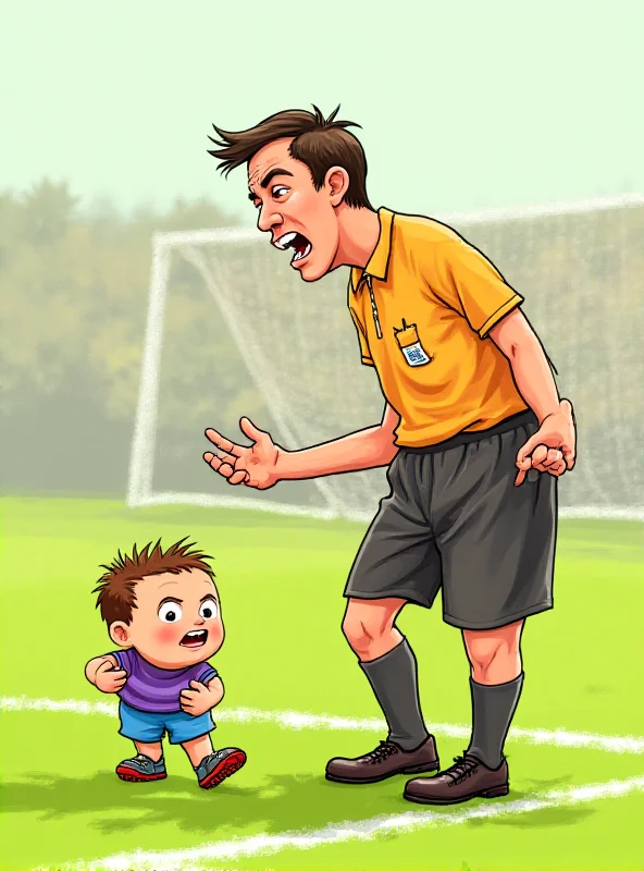 A cartoonish image depicting a small child biting the leg of a referee during a football match.