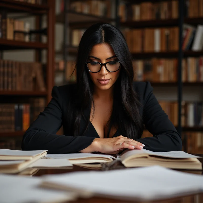 Kim Kardashian in a professional setting, possibly studying law.