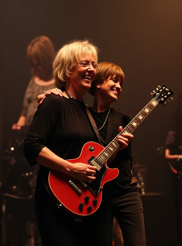 A happy family photo of Denise Welch with her rockstar son, backstage at a concert.