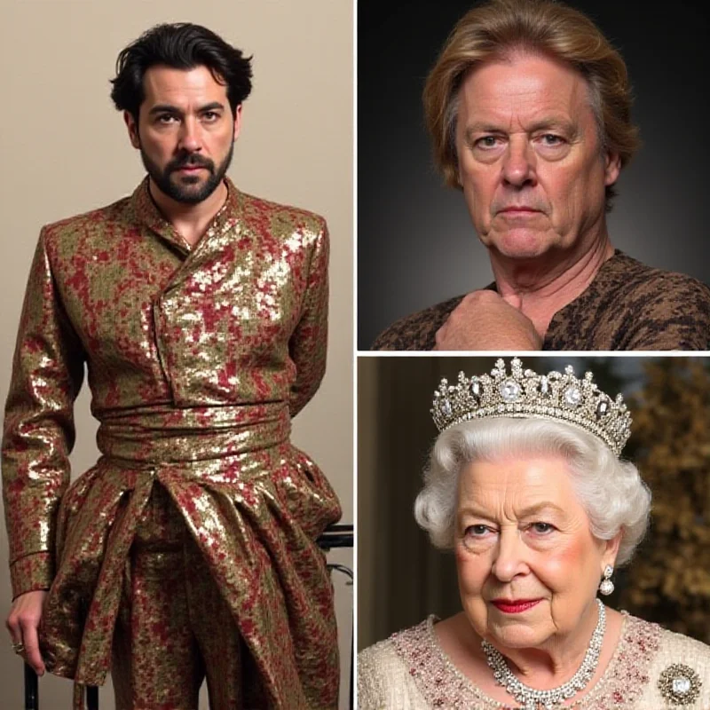 A collage of images representing the celebrity news stories: The Vivienne in drag, Danny Dyer looking serious, and Queen Mary of Denmark wearing a regal outfit.