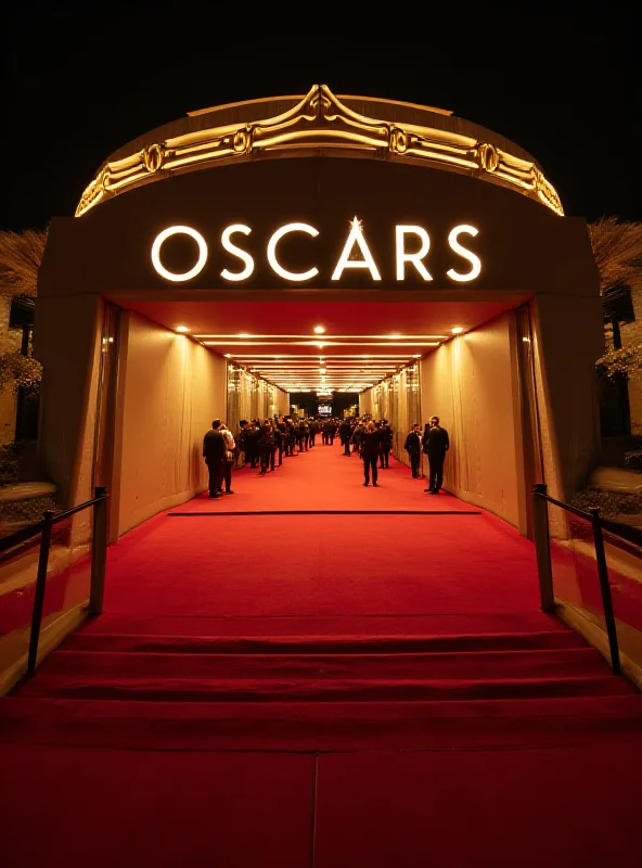 Exterior of the Dolby Theater in Los Angeles, California, during the Oscars ceremony at night.