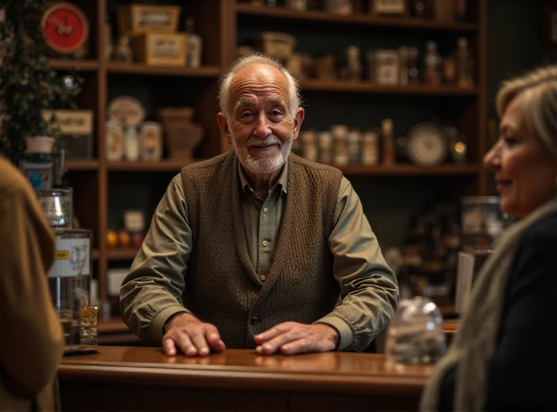 A quaint, old-fashioned shop interior with a friendly shopkeeper interacting with a customer.