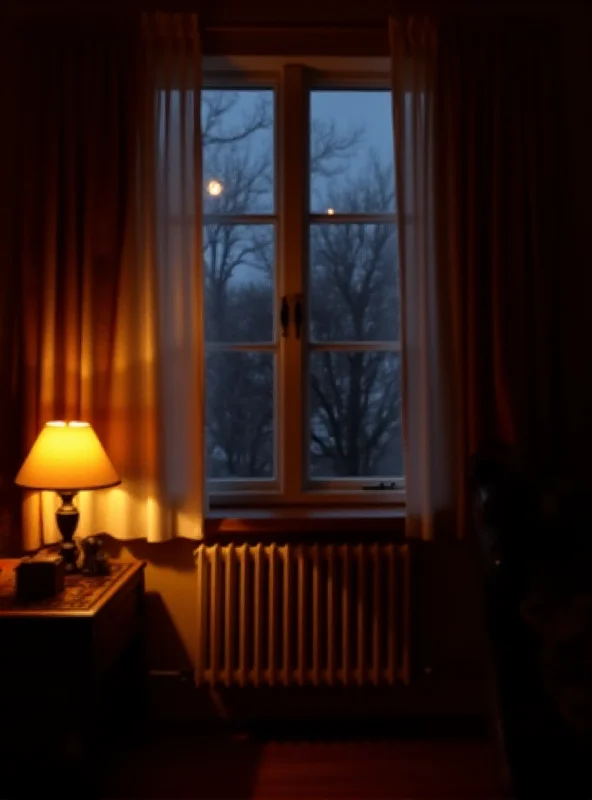 A cozy living room interior with curtains drawn, warm lighting, and a visible radiator.