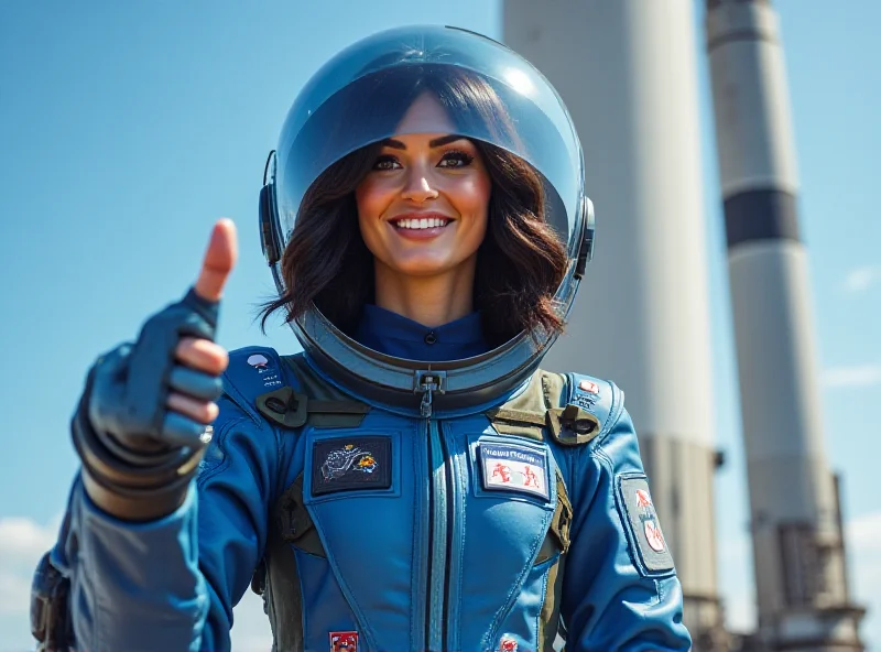 Katy Perry in a futuristic spacesuit, smiling and giving a thumbs up, standing in front of a Blue Origin rocket on the launchpad.