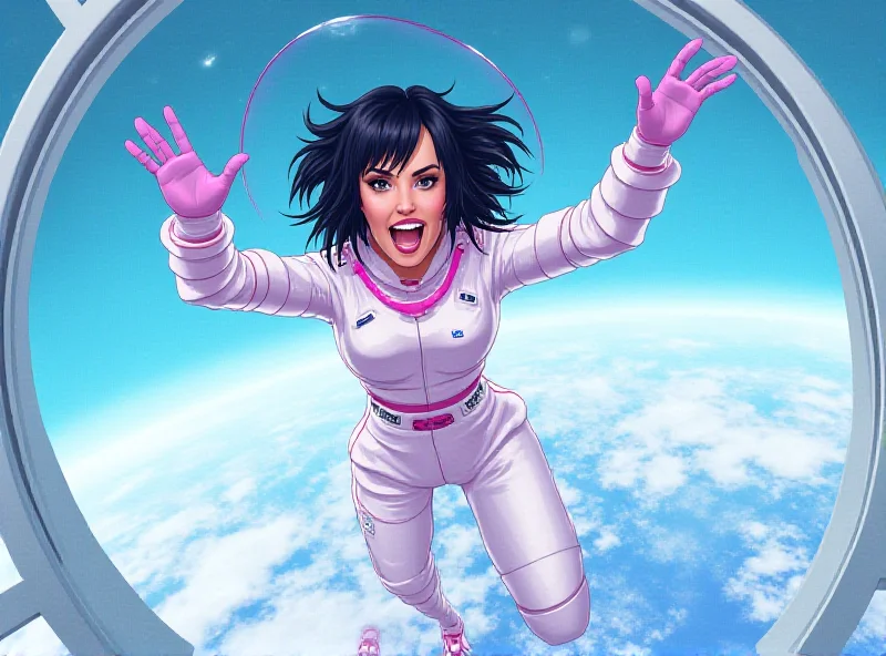 Illustration of Katy Perry in a spacesuit, waving from inside a Blue Origin spacecraft