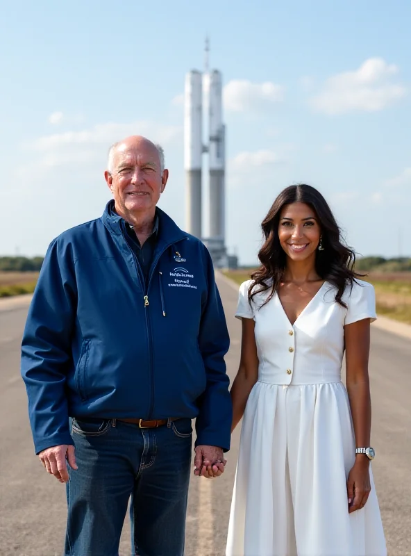 Photo of Jeff Bezos and Lauren Sanchez smiling and holding hands, with the Blue Origin rocket in the background