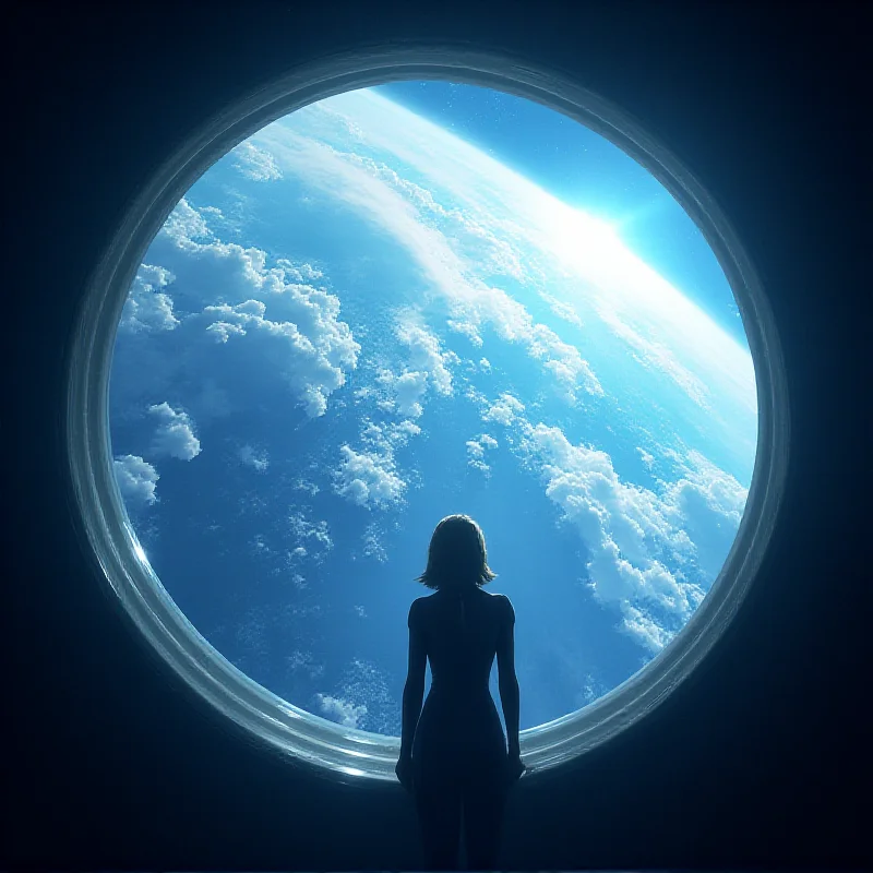 Conceptual art showing the Earth as seen from the window of the Blue Origin spacecraft, with Katy Perry's silhouette looking out.