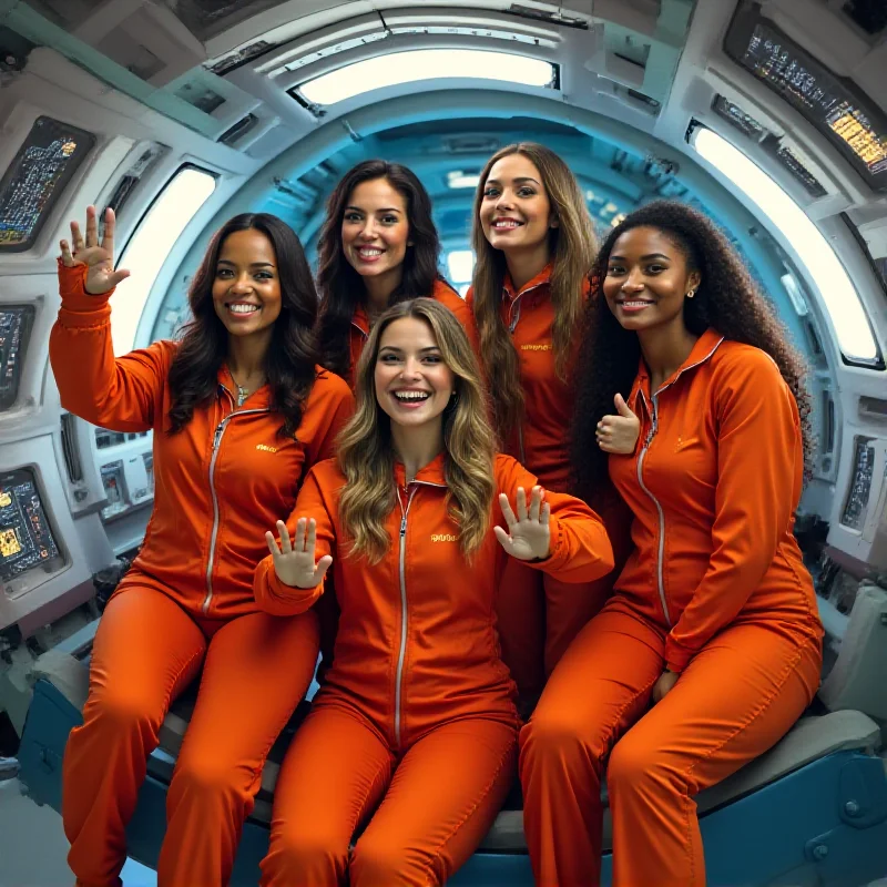 A group of diverse women astronauts smiling and waving inside a space capsule