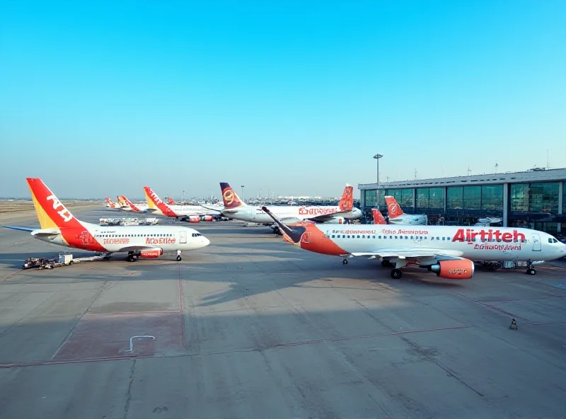 Aerial view of a modern airport in Kazakhstan with several low-cost airlines parked on the tarmac.