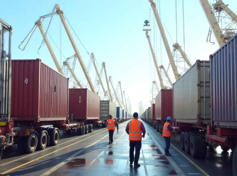 A bustling shipping terminal with cargo containers being loaded onto trains and trucks.