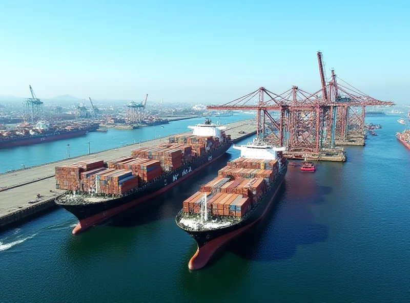 Aerial view of cargo ships at a busy port, with containers and cranes visible. The sky is clear, suggesting a sunny day. 