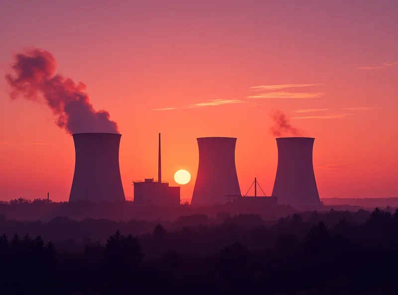 A modern nuclear power plant at sunset, with cooling towers and a reactor building visible. The sky is a mix of orange and purple hues.