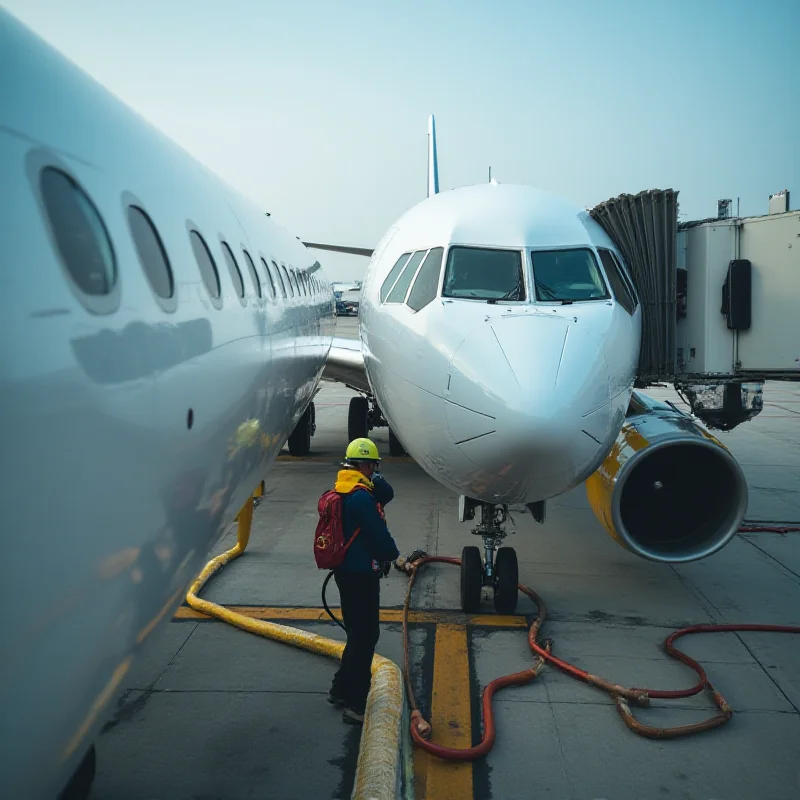 A close-up shot of an airplane refueling on the tarmac. Fuel hoses are connected, and ground crew members are visible in the background.