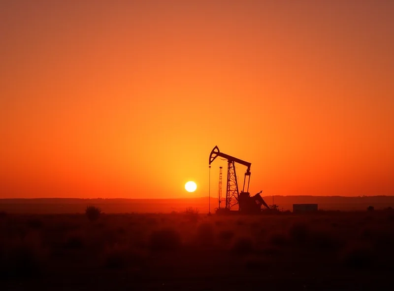 Oil rig at sunset in Mangistau, Kazakhstan.