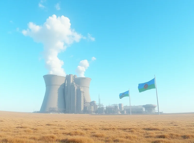 Futuristic render of a nuclear power plant with Kazakhstani flags.