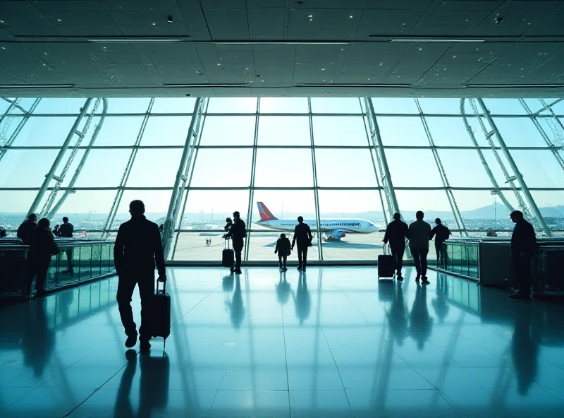 Wide shot of a modern airport terminal in Kazakhstan with airplanes taking off in the background.