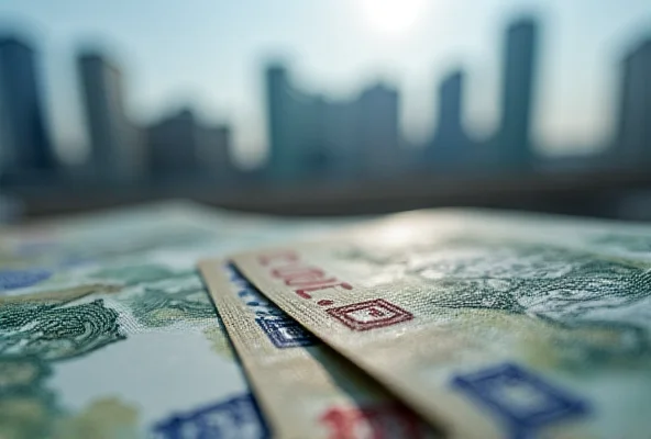 Close-up of Kazakh currency with a blurred cityscape in the background.