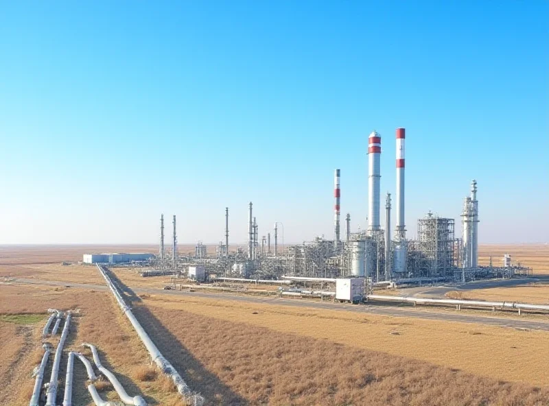 Panoramic view of a modern gas plant with pipelines and storage tanks under a clear blue sky, located in Kazakhstan.