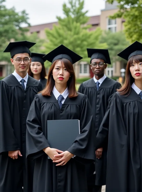 A group of South Korean PhD graduates in graduation gowns, looking concerned and holding their diplomas in a university courtyard.