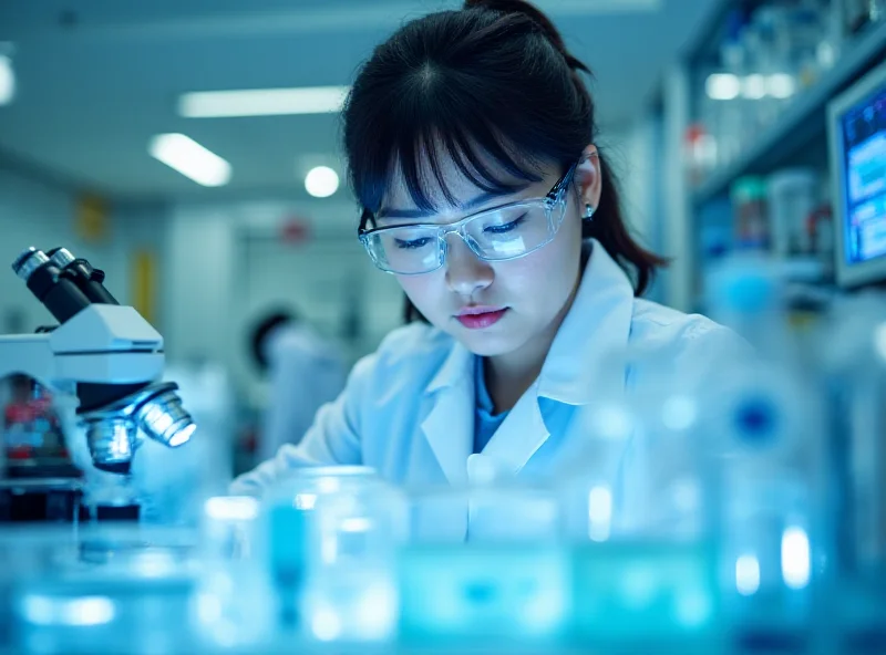 A focused young South Korean researcher working in a modern laboratory, surrounded by scientific equipment and monitors.