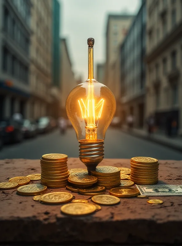 A stylized table with symbolic representations of ideas (lightbulb), weapons (sword), and money (coins).