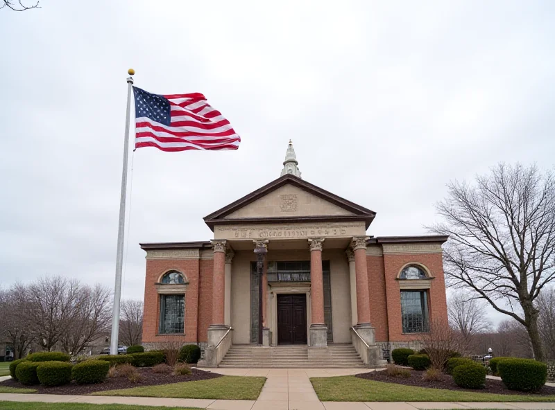 Courthouse exterior with American flag waving in front.