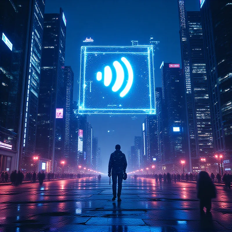 A futuristic cityscape with a holographic representation of the SoundHound AI logo floating in the air, symbolizing innovation and technological advancement.