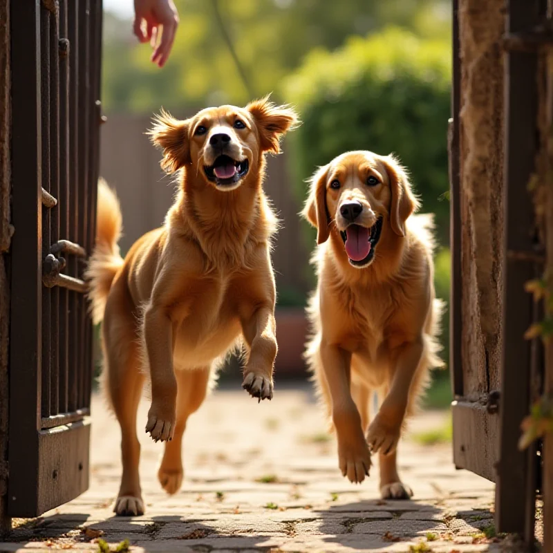 Two happy dogs, Puma and Bobby, greeting their owner.