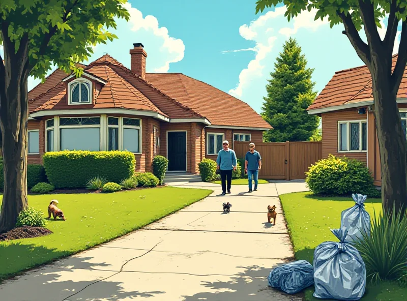 An illustration depicting a suburban house with a plastic bag near the door, dog walkers are passing by in the background.