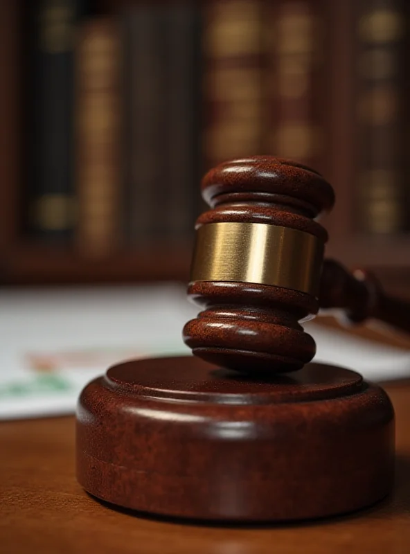 A gavel resting on a wooden block in a courtroom, symbolizing justice and the legal proceedings of the case.