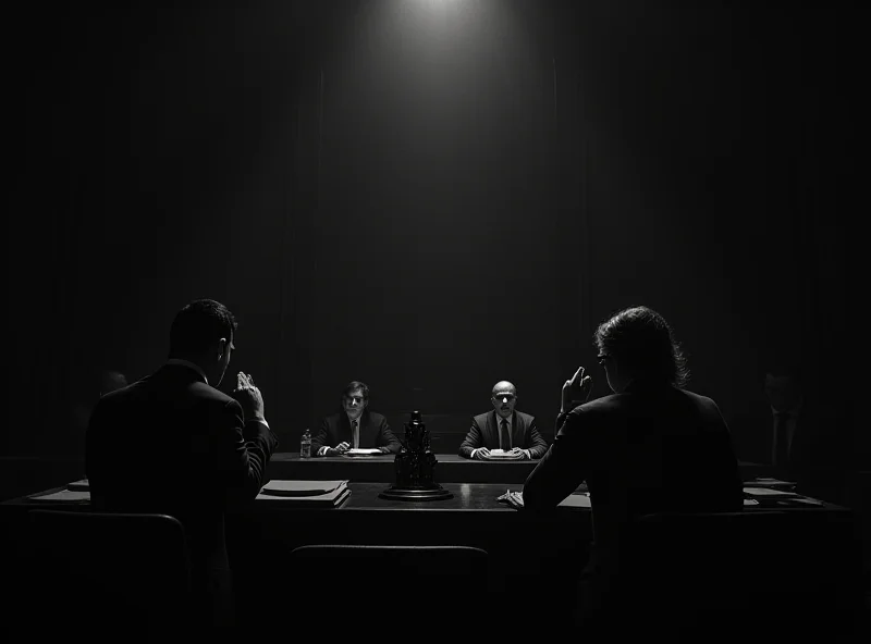 A courtroom scene with a somber atmosphere.