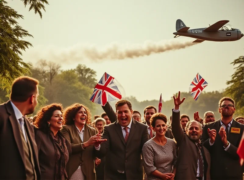 A VE Day celebration scene with people waving flags.