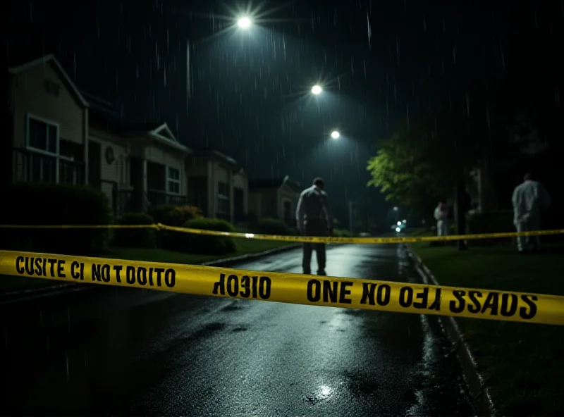 Police tape at a crime scene at night, illuminated by streetlights.