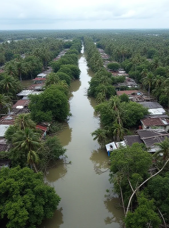 Aerial view of a tropical island with downed trees and flooded streets after a cyclone.