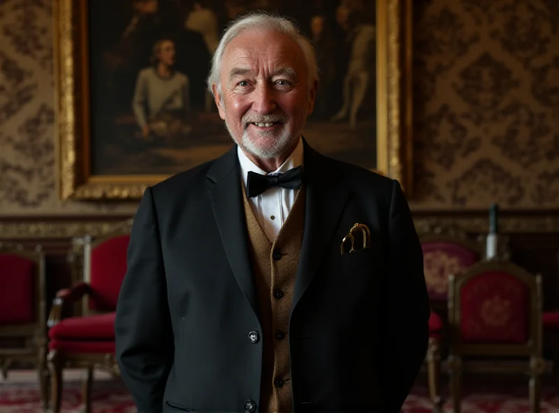 King Charles III smiling warmly while standing in a grand room with musical instruments.