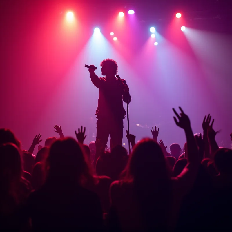 A concert stage with a performer singing into a microphone, bathed in colorful stage lights.