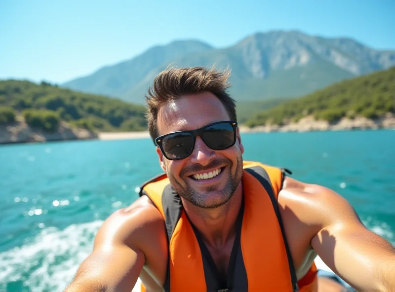 A man riding a jet ski on a sunny day with a coastline in the background.