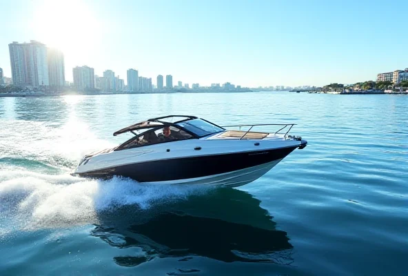 A speedboat speeding across the water with a city skyline in the background.