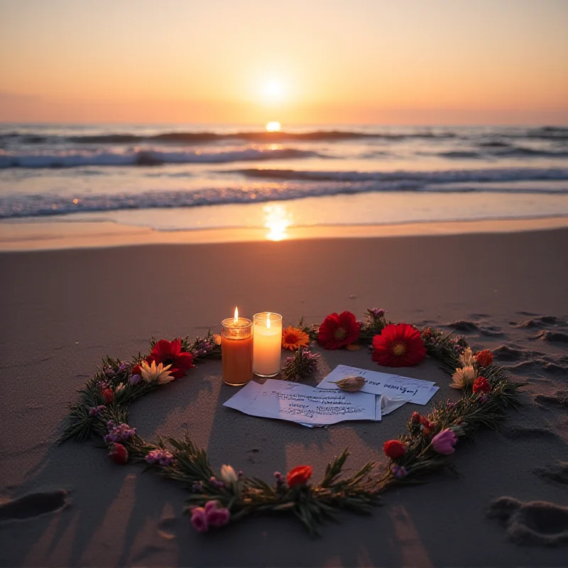 A memorial with flowers and candles on a beach, honoring someone who loved the sea.