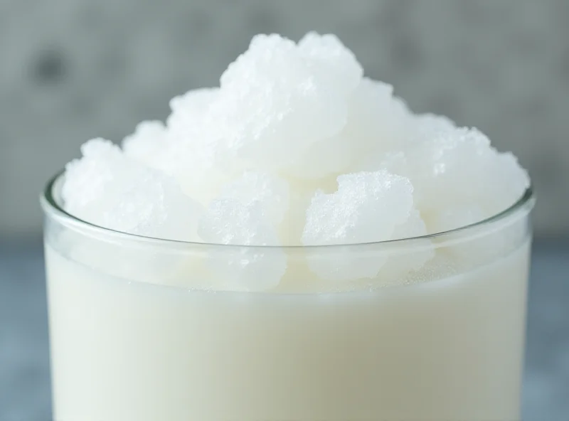 Frozen coconut milk in a glass container looking slightly separated.