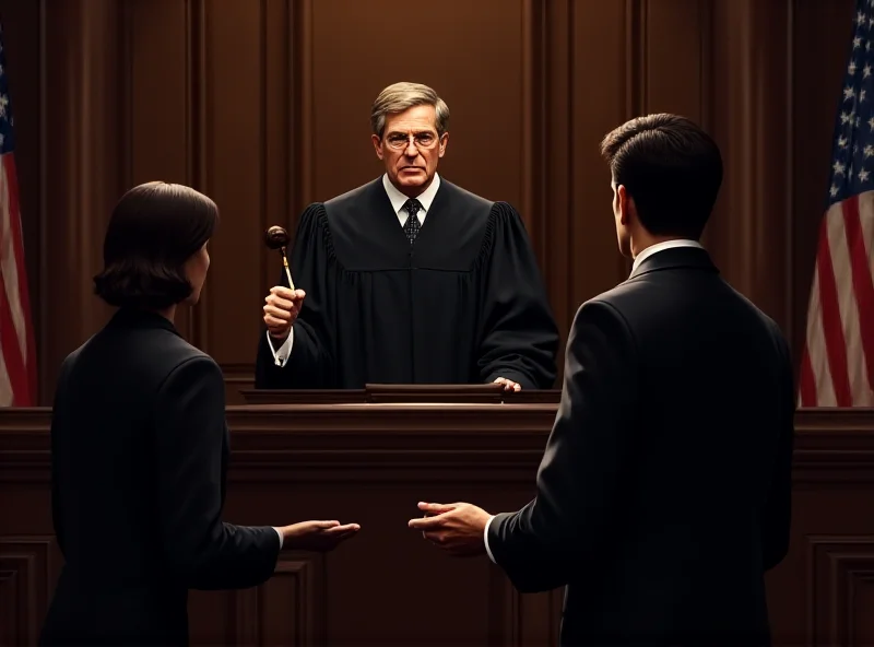 Illustration of a stern judge in a courtroom, considering a motion from a lawyer.