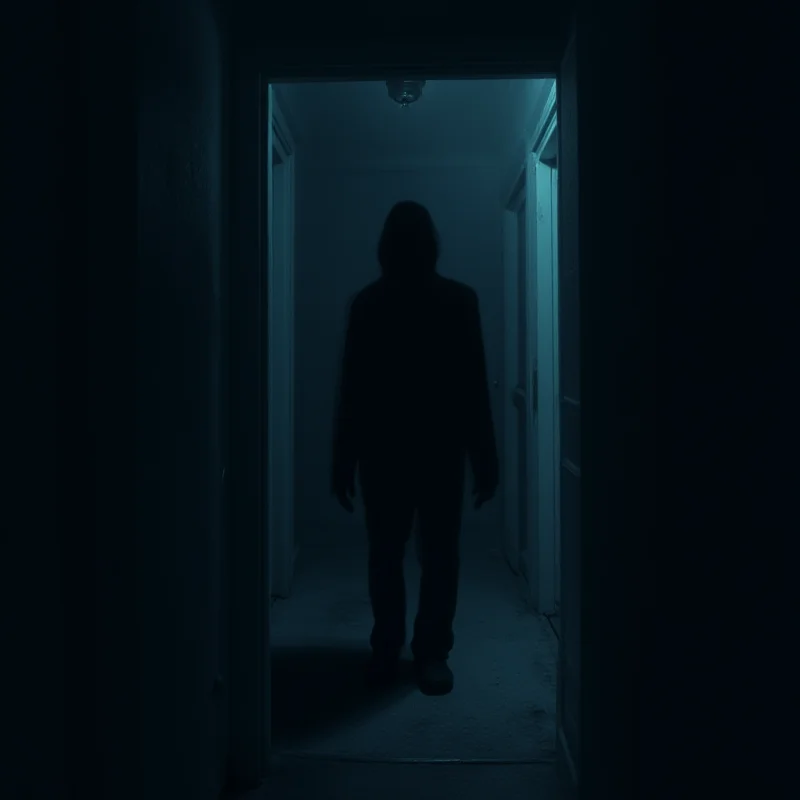 A dramatic illustration of a shadowy figure lurking in a dark hallway, representing the sense of fear and uncertainty surrounding the Idaho murders case.