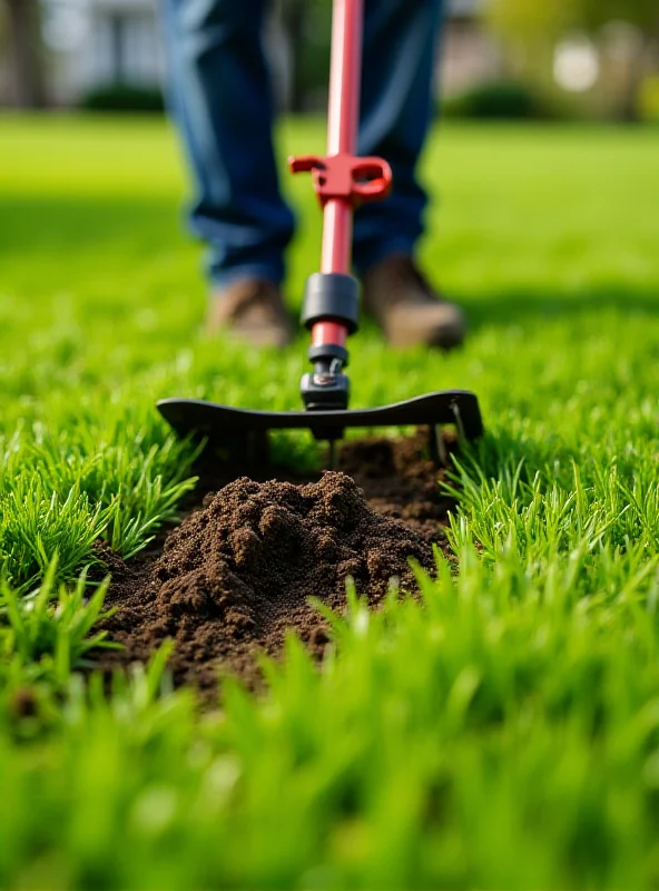 Close-up shot of a person aerating a lawn with a core aerator, showing the small plugs of soil being removed from the ground.