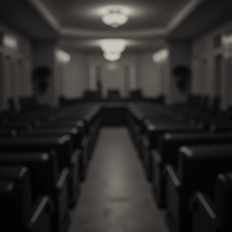 A blurred and desaturated image of a courtroom interior, symbolizing the ongoing legal proceedings related to the child abuse case.