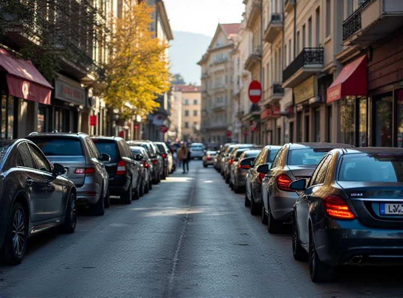 A street in Košice with parked cars and visible parking meters.