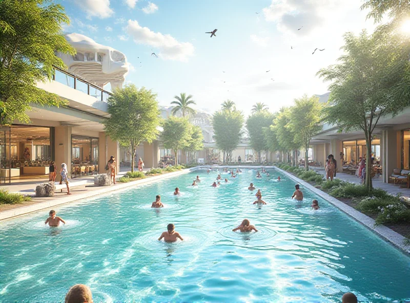 Conceptual rendering of a modern aquapark with indoor and outdoor pools, water slides, and family recreation areas, bathed in sunlight.