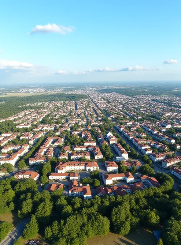 Aerial view of Košice, Slovakia, showcasing the urban landscape with residential buildings, commercial areas, and green spaces, under a clear blue sky.