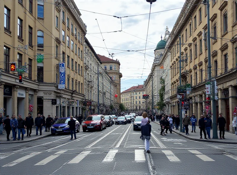 A busy street intersection in Košice, Slovakia, with cars, trams, and pedestrians navigating the traffic. Street signs and buildings are visible in the background.