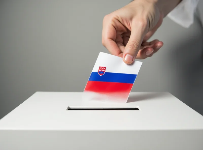 A ballot box with the Slovak flag on it. A hand is inserting a ballot into the box. The background is blurred.